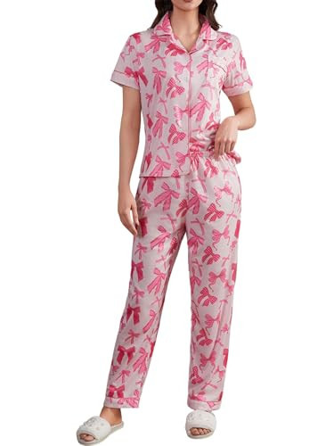 MakeMeChic Women's 2 Piece Pajama Set Cute Bow Short Sleeve Button Down Shirt and Pants Loungewear Pink Large | Amazon (US)