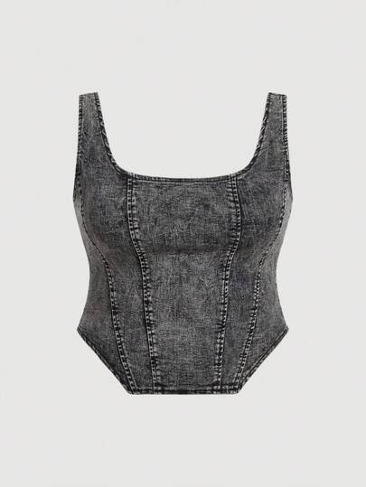 SHEIN MOD Plus Size Stylish Fitted Denim Top With Back Zipper, Summer | SHEIN