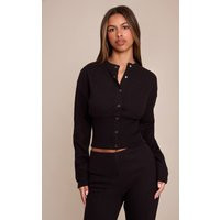 Petite Black Button Up Ribbed Waist Cardigan | PrettyLittleThing UK