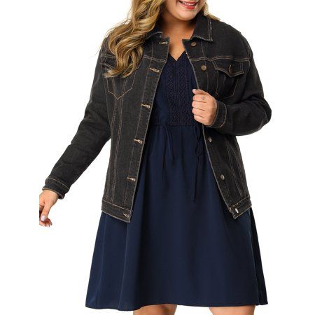 Womens Plus Jean Jacket Plus Size Washed Denim Jacket Coat Outerwear | Walmart (US)