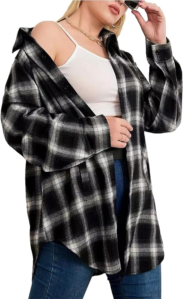 HangNiFang Womens Flannel Plaid Shirts Oversized Button Down Shirts Blouse Tops | Amazon (US)