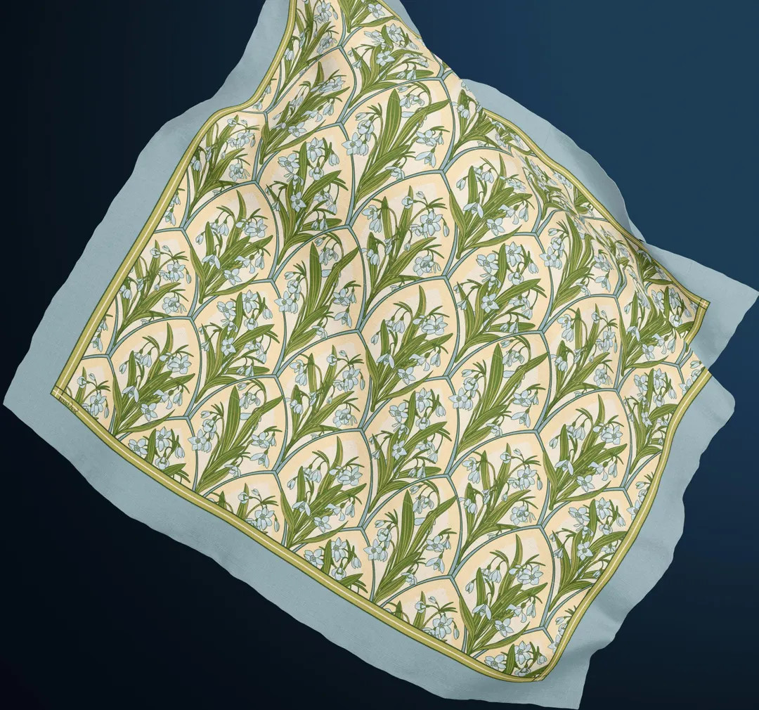 Snowdrops Silk Scarf, Blue Yellow White Vintage Botanical Square Bandana - Etsy | Etsy (US)