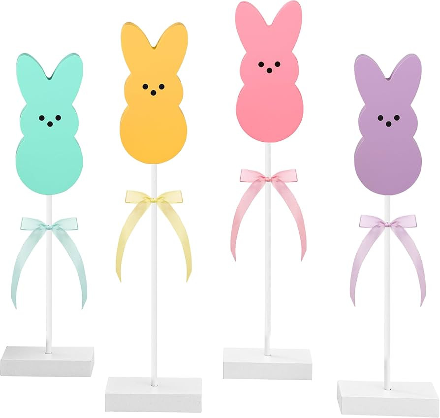 4 Pcs Easter Bunny Wooden Table Signs Easter Peeps Standing Table Decorations Colorful Rabbit Sha... | Amazon (US)