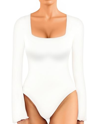 MANGOPOP Long Sleeve Bodysuit for Women Sexy Square Neck Body Suits Flare Sleeves Going Out Tops (White, Large) | Amazon (US)