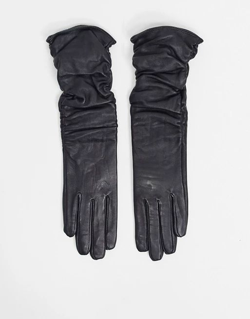 ASOS DESIGN leather touch screen long ruched gloves in black | ASOS (Global)
