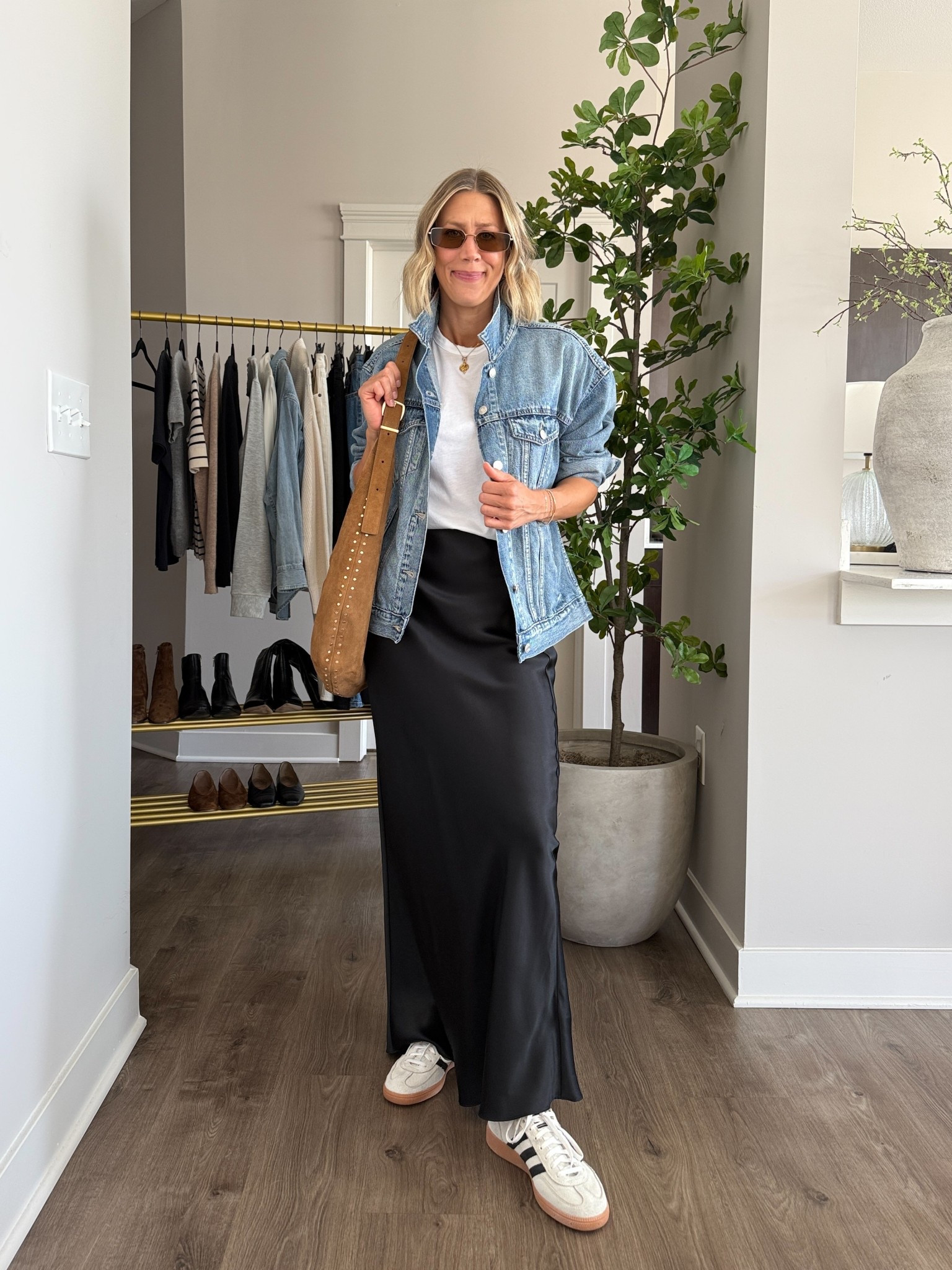 Wearing small silk skirt, small tee, medium denim jacket, sneakers tts 

#LTKFindsUnder100 #LTKOver40 #LTKStyleTip