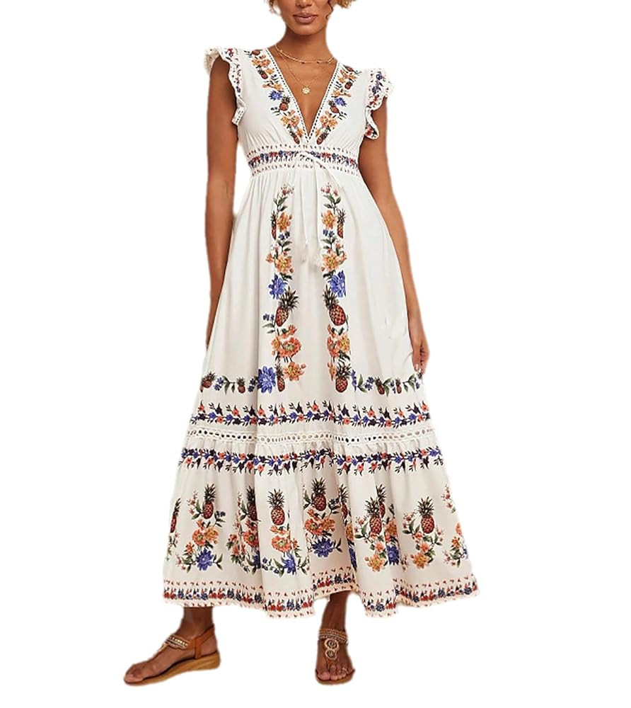 Women's V Neck Cap Sleeve Vacation Maxi Dress Fruit Floral Print Elastic Waist Summer Casual Long... | Amazon (US)