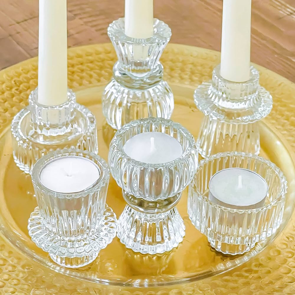 Kate Aspen Candelabros transparentes de vidrio acanalado vintage de doble cara, vela de pilar, ca... | Amazon (US)