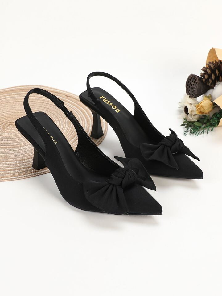 Elegant Black Pumps For Women, Bow Detail Point Toe Stiletto Heeled Slingback Pumps | SHEIN
