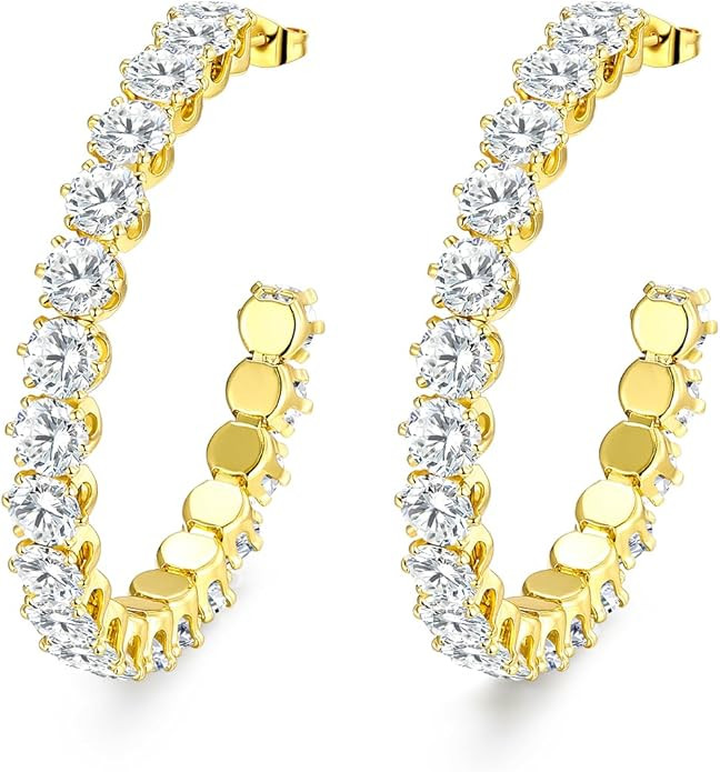 Cubic Zirconia Hoop Earrings for Women and Men, Yellow Gold Plated Sparkling Rhinestone Cuff Earr... | Amazon (US)