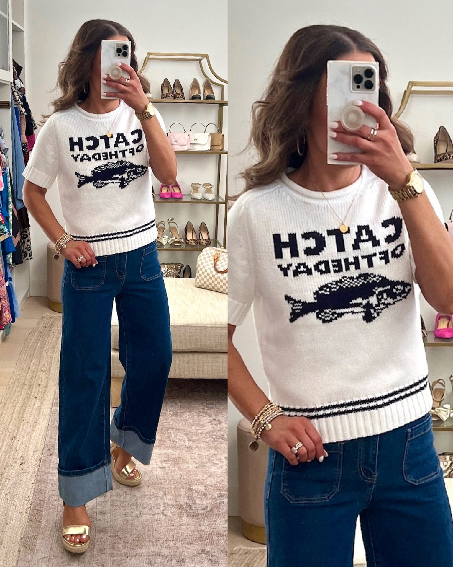 Size up in sweater for a more relaxed fit: wearing s here but M would work too 