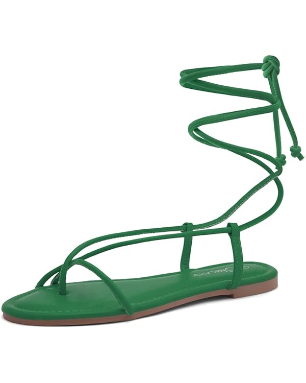Shoe Land Womens SL-Auday Lace Up Flat Sandals Open Toe Wrap Ankle Strap Shoes | Amazon (US)