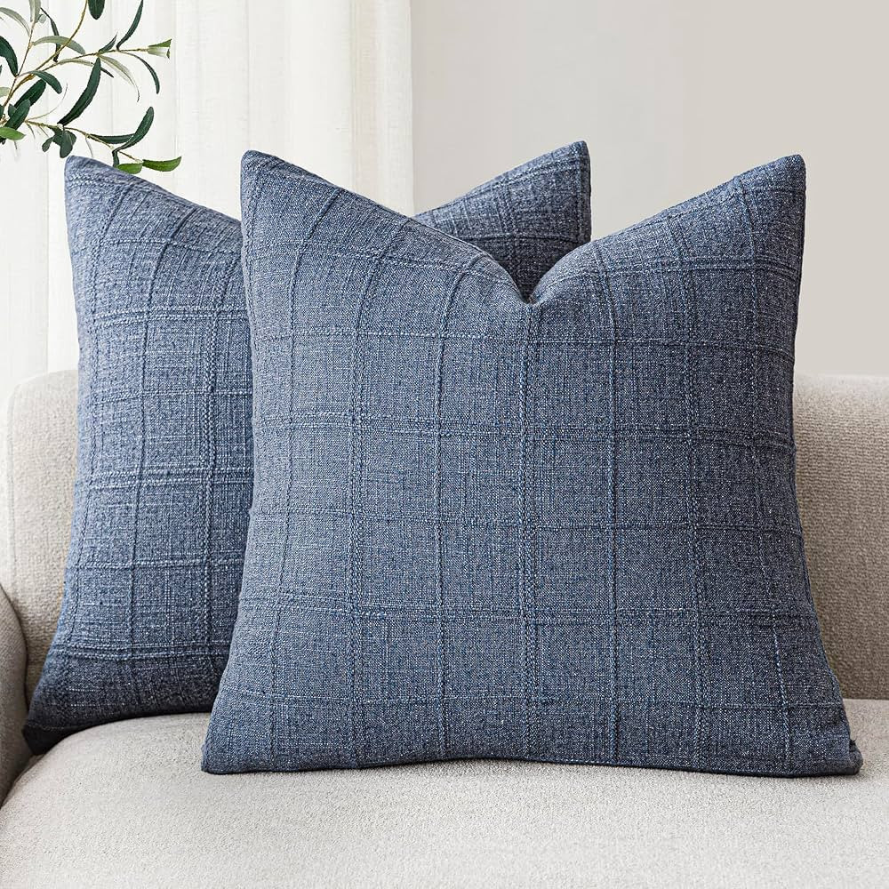 Foindtower Set of 2 Decorative Linen Check Throw Pillow Covers Neutral Farmhouse Vintage Cushion ... | Amazon (US)