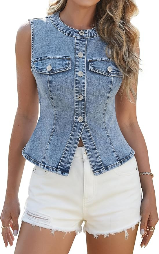 Casual Denim Vest Tops Button Down Sleeveless Fitted Jean Tank Tops for Women Trendy Summer Waist... | Amazon (US)