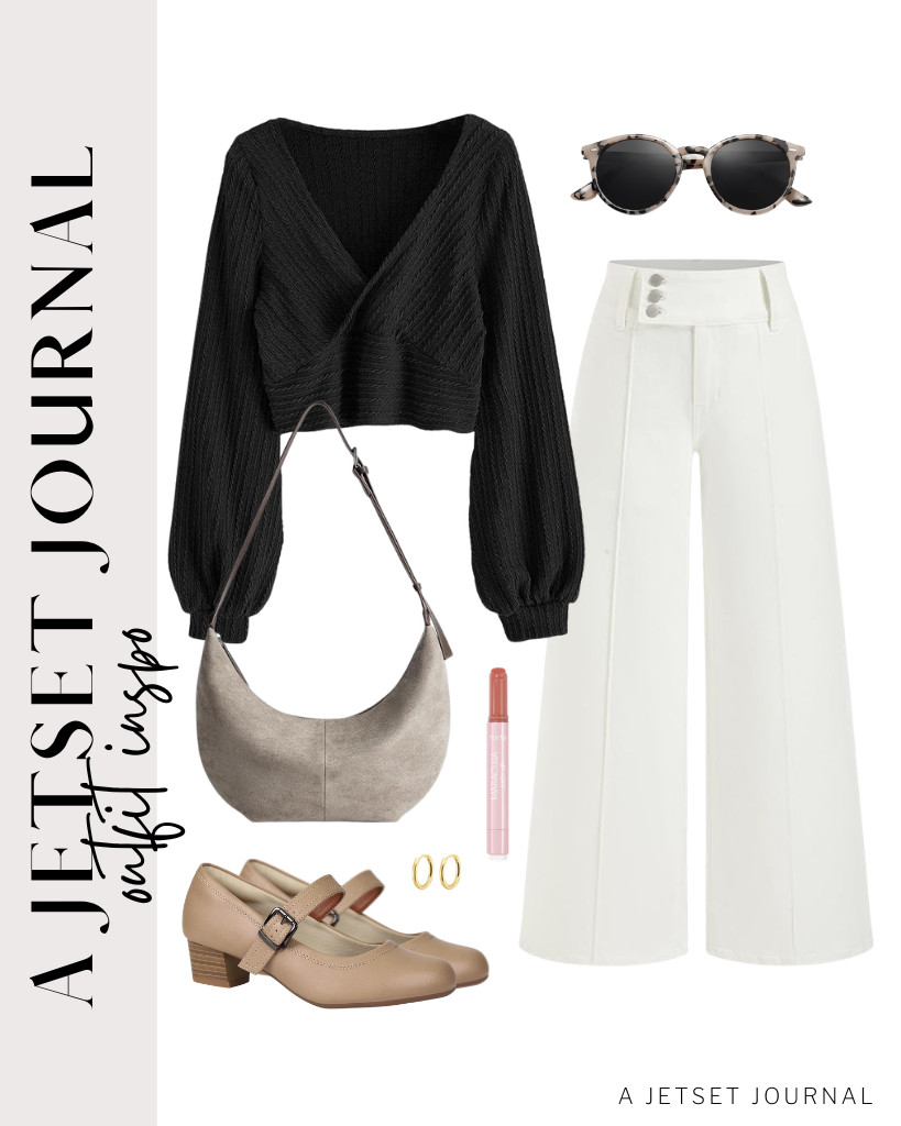 For the last outfit, you can pair this black ZAFUL wrap sweater with CIDER wide-leg jeans. For your footwear, you can use these Mary Jane shoes from Ortho+rest. Finish this fit with tarte Maracuja Juicy Lip Balm and a suede crescent crossbody bag.

#LTKSeasonal #LTKSaleAlert #LTKTravel
 

 
