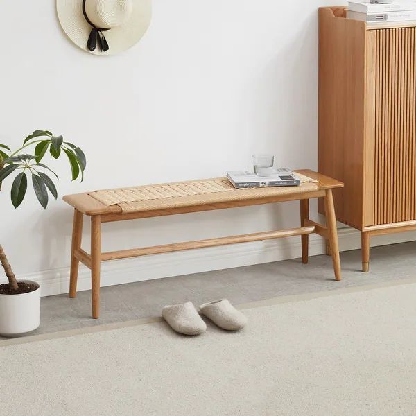 Woven Design Natural Oak Wood Dining Bench Bed Bench - Overstock - 36586686 | Bed Bath & Beyond
