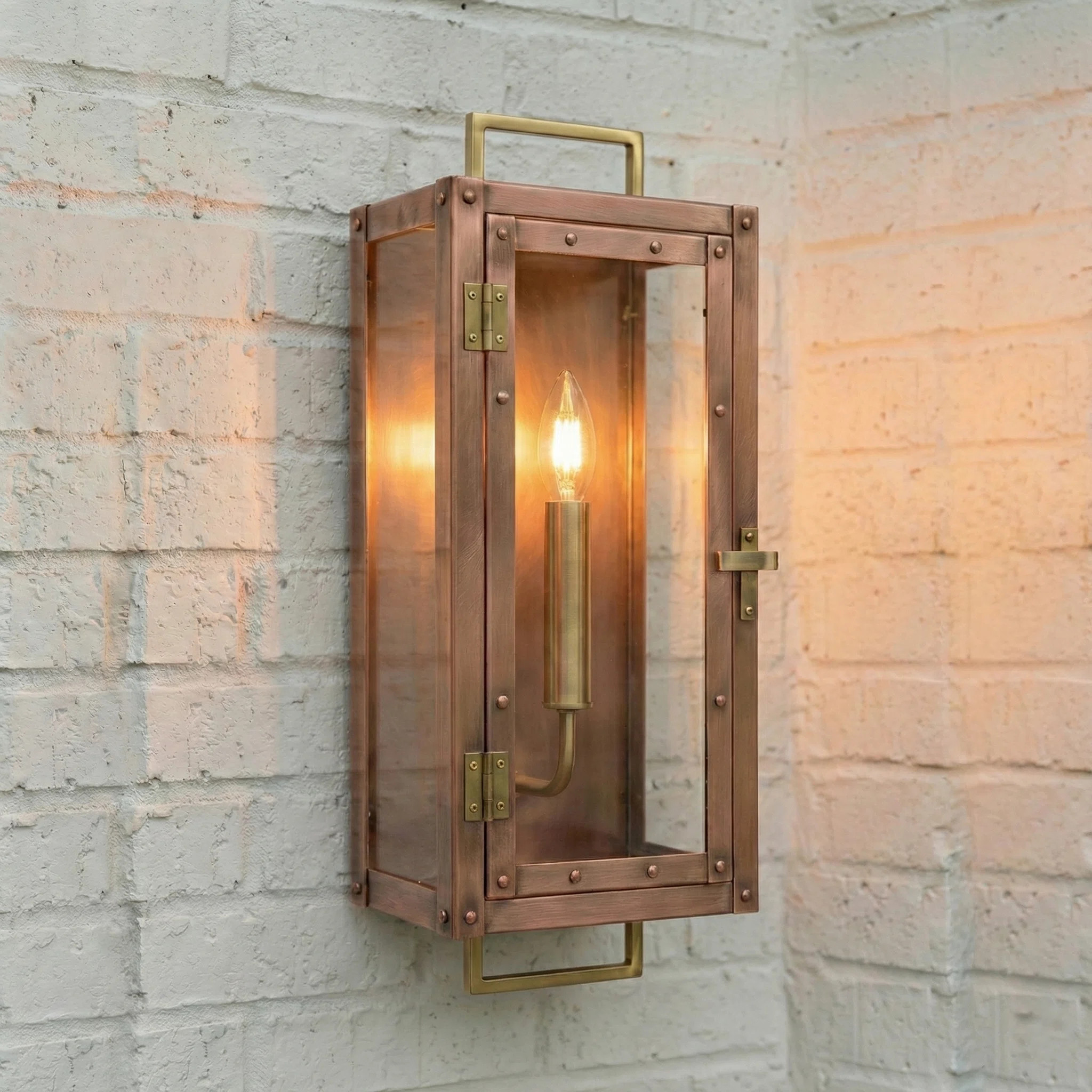 18 in. 1-Light Antique Copper With Brass Accents Outdoor Wall Lantern With Clear Glass Panes | Wayfair North America