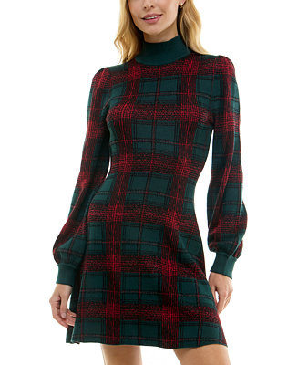 Crystal Doll Juniors' Plaid Turtleneck Blouson-Sleeve Sweater Dress - Macy's | Macy's