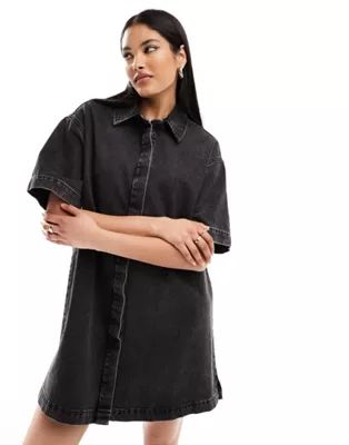ASOS DESIGN short sleeve denim shirt dress in wash black | ASOS (Global)