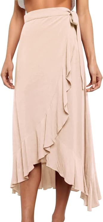 Ezcosplay Women Ruffle Wrap Skirt Tie Waist Boho High Low Asymmetrical Midi Beach Skirt | Amazon (US)