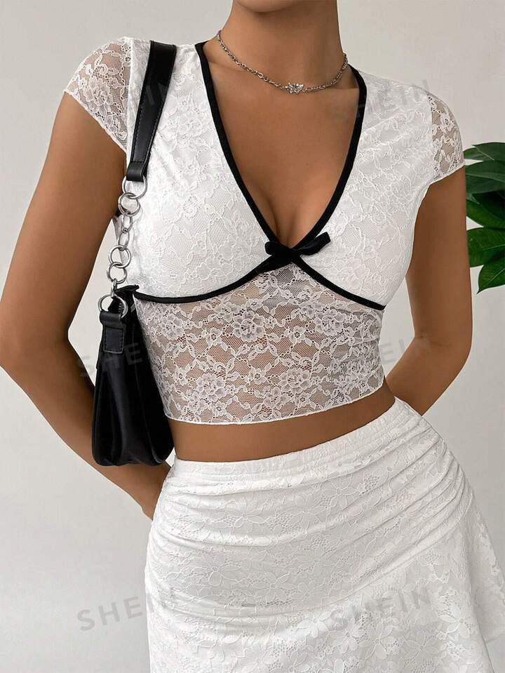 SHEIN EZwear Women Fashionable Summer Vintage Lace Top With Color Block, All-Match | SHEIN