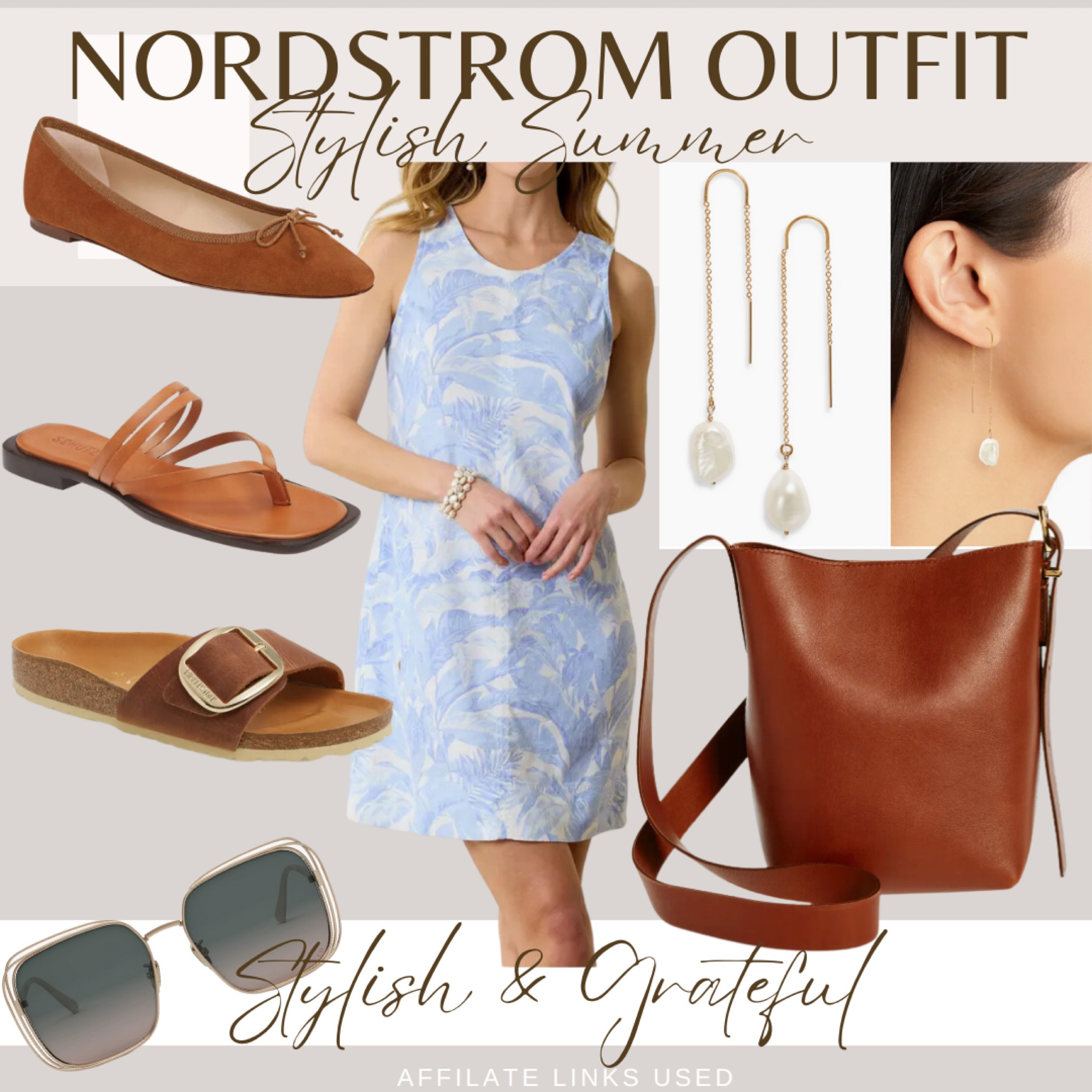 Step into summer with this elegant outfit from Nordstrom. The ensemble features a light blue floral sleeveless dress that is both breezy and chic. Complementing the dress are several footwear options: classic brown ballet flats, sleek tan sandals, and comfy brown slides with a stylish buckle. The outfit is accessorized with delicate pearl drop earrings and a timeless brown leather bucket bag. Complete the look with trendy sunglasses for that perfect summer vibe. Discover and shop this beautiful summer look now! #StylishAndGrateful #SummerOutfit #NordstromFashion #ElegantStyle #AffiliateLinks

#LTKMidsize #LTKxNSale #LTKOver40