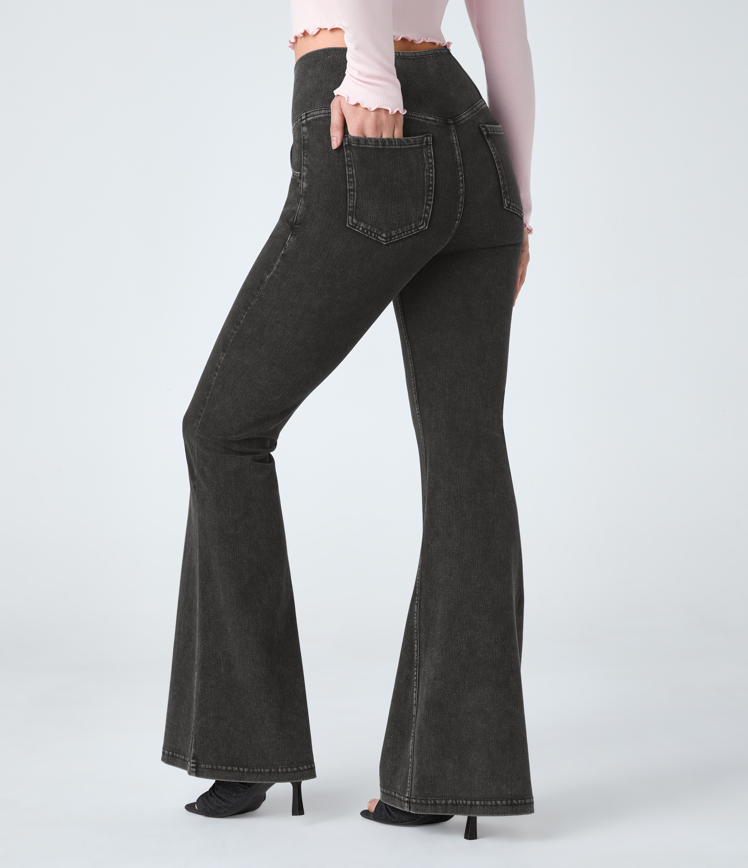 Halara Halara Flex™ High Waisted Crossover Pocket Cool Touch Washed Stretchy Knit Casual Super Flare Jeans - Tar Denim - M(regular) | HALARA