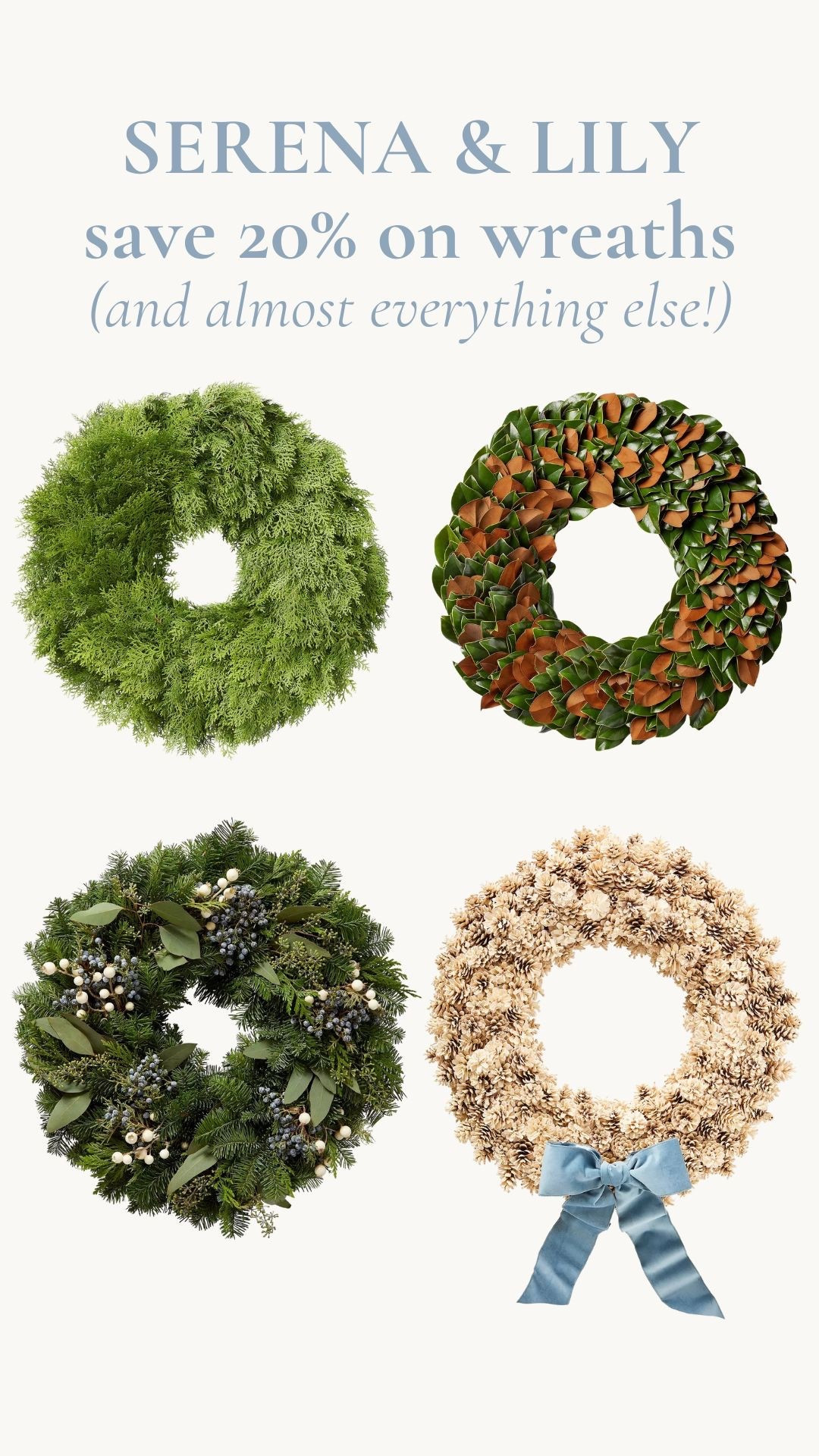 Serena & Lily’s timeless wreaths are 20% off — along with almost everything else on their site!  Add a touch of coastal charm to your home!

#LTKHome #LTKSeasonal #LTKSaleAlert
