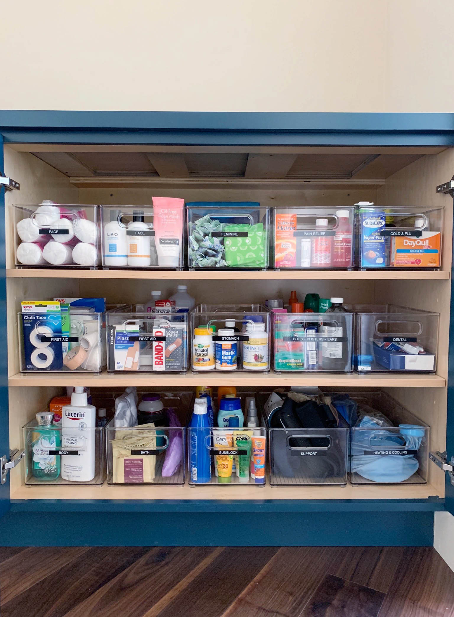 The ultimate medicine cabinet! Using deep, clear bins, I was able to categorize all of their medicine - easy to find in a pinch! 

 #LTKmomlife #LTKHome