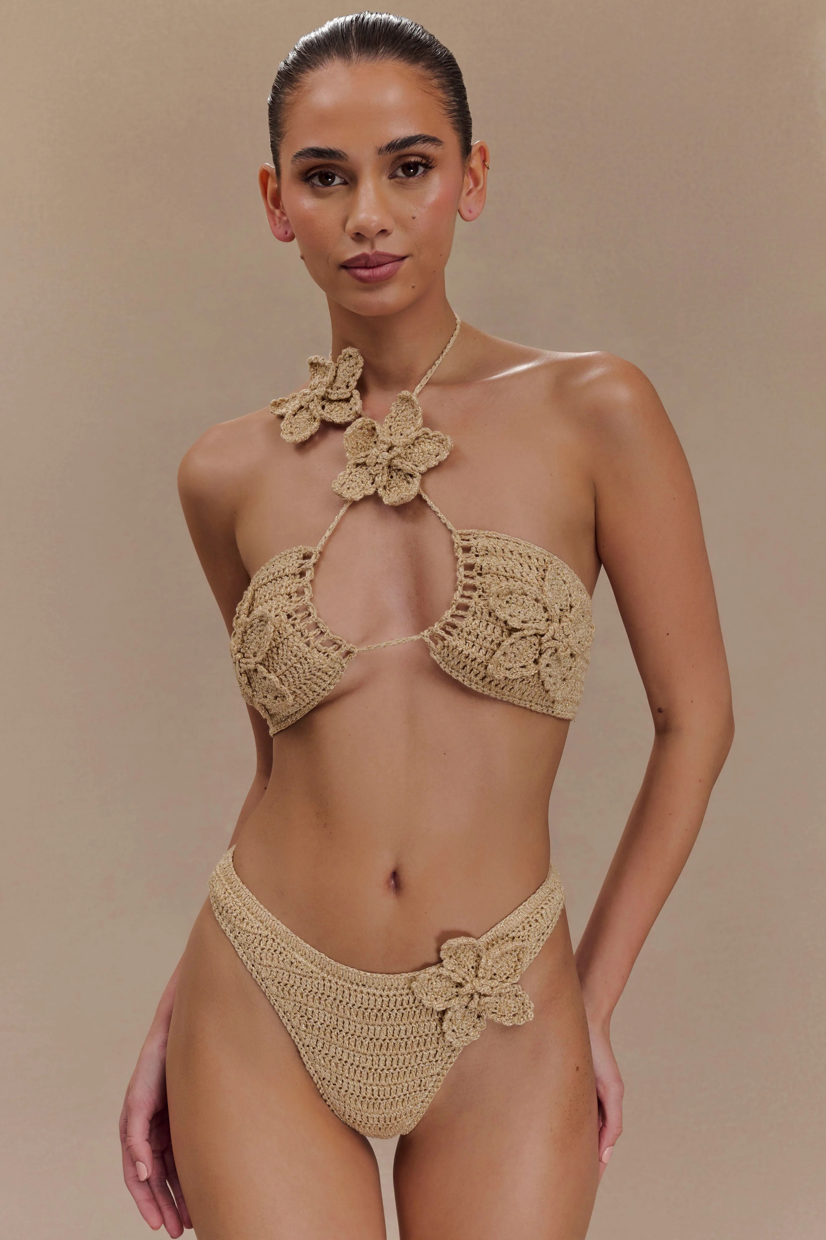 River Floral Crochet Bikini Top - Gold | MESHKI US