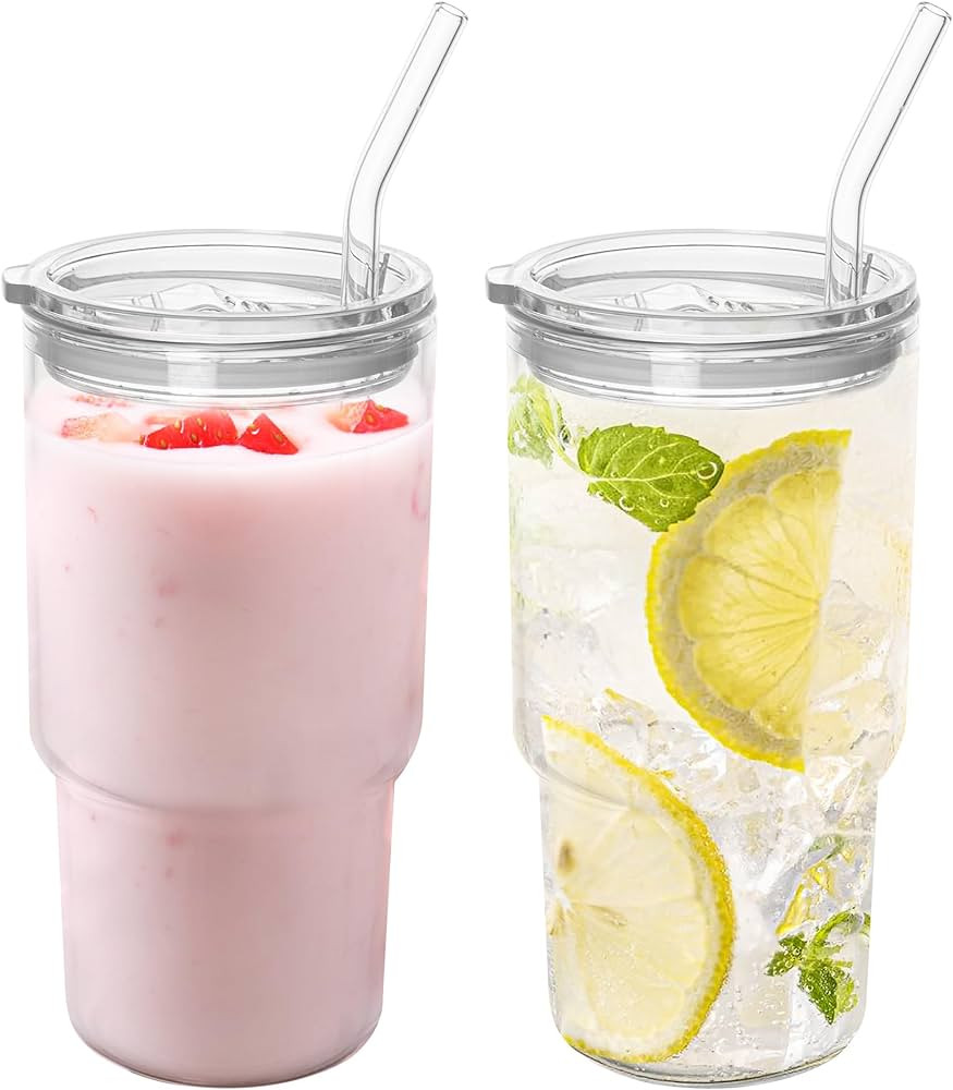 Glass Tumbler with Lid and Straw, High Borosilicate Glass Coffee Cup Smoothie Cups 24 oz/750ml fo... | Amazon (US)