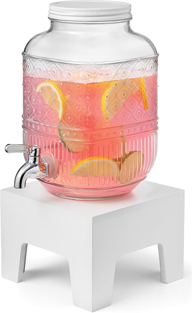 Beverage Dispenser 1 Gallon, Glass Drink Dispenser with Wooden Base Stand, Wide Mouth Jar for Lem... | Amazon (US)