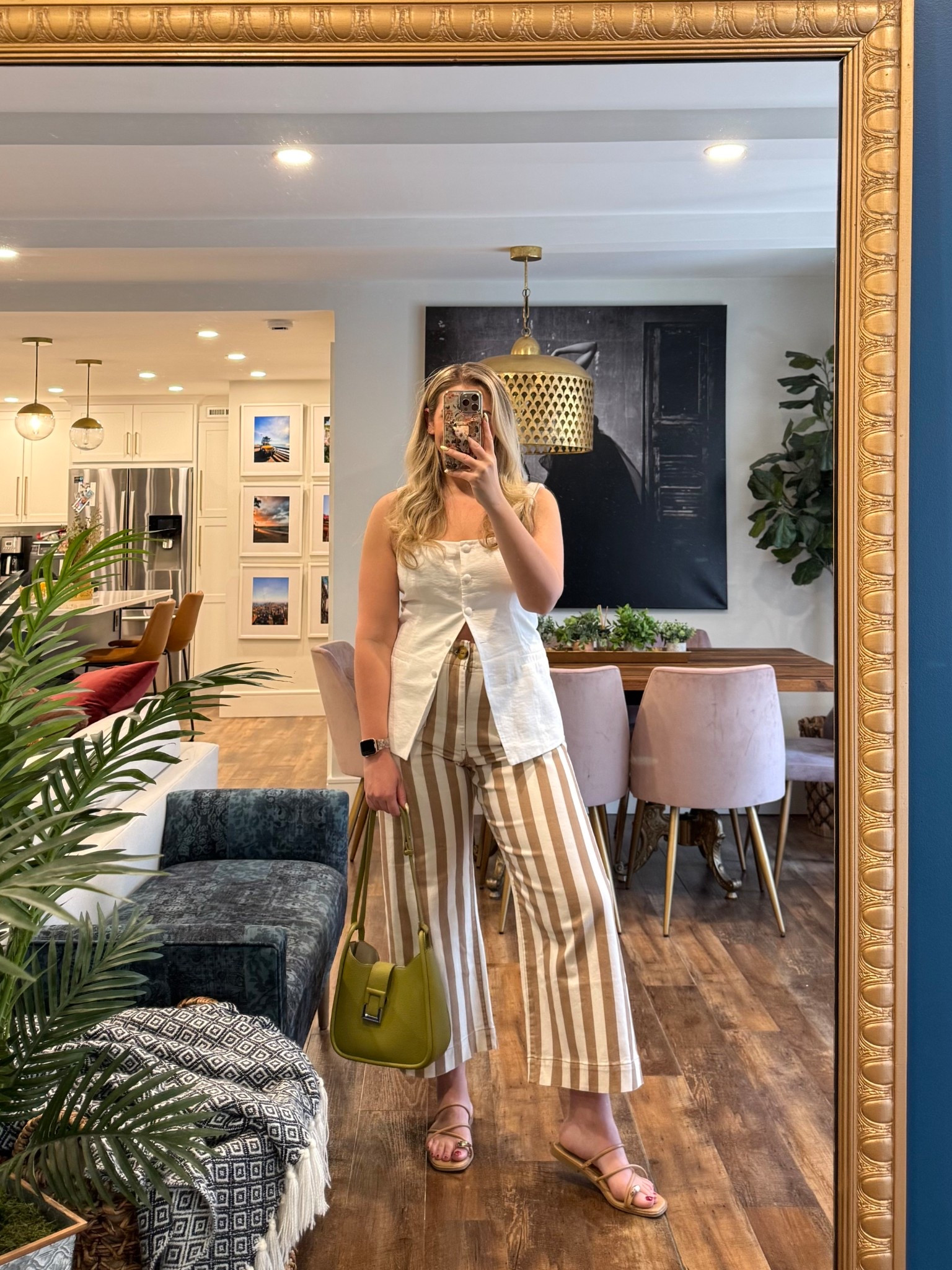 Anthropologie Colette pants in jeans, striped wide leg jeans, white jeans. Button vest wearing a large. Spring outfit, summer outfit

#LTKMidsize #LTKSeasonal #LTKStyleTip