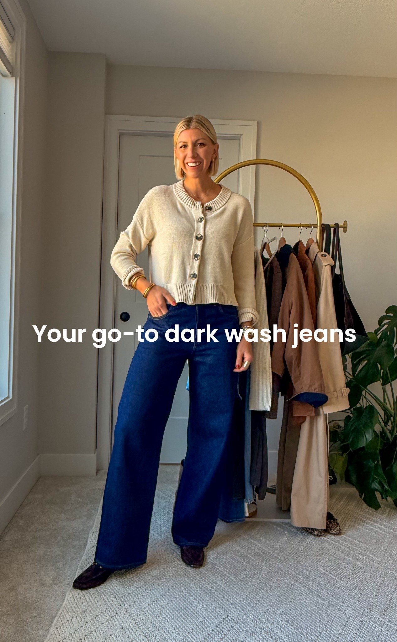 Dark Wash Wide-Leg Jeans for Fall 🍂 Wearing my organic cotton cardigan (runs oversized) with true-to-size 28 wide-leg, relaxed jeans — effortless, comfy, and perfect for fall!

#LTKSeasonal #LTKOver40 #LTKStyleTip