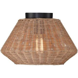 TRUE FINE 13.8 in. 1-Light Eclectic Natural Rattan Semi-Flush Mount Ceiling Light with Black Hardwar | The Home Depot