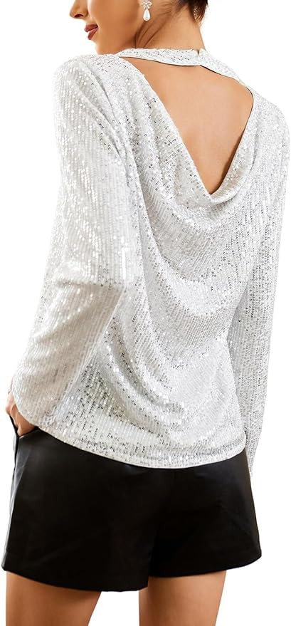 GRACE KARIN Sequin Tops for Women Backless Long Sleeve Sparkly Glitter Tops Crew Neck Draped Back... | Amazon (US)