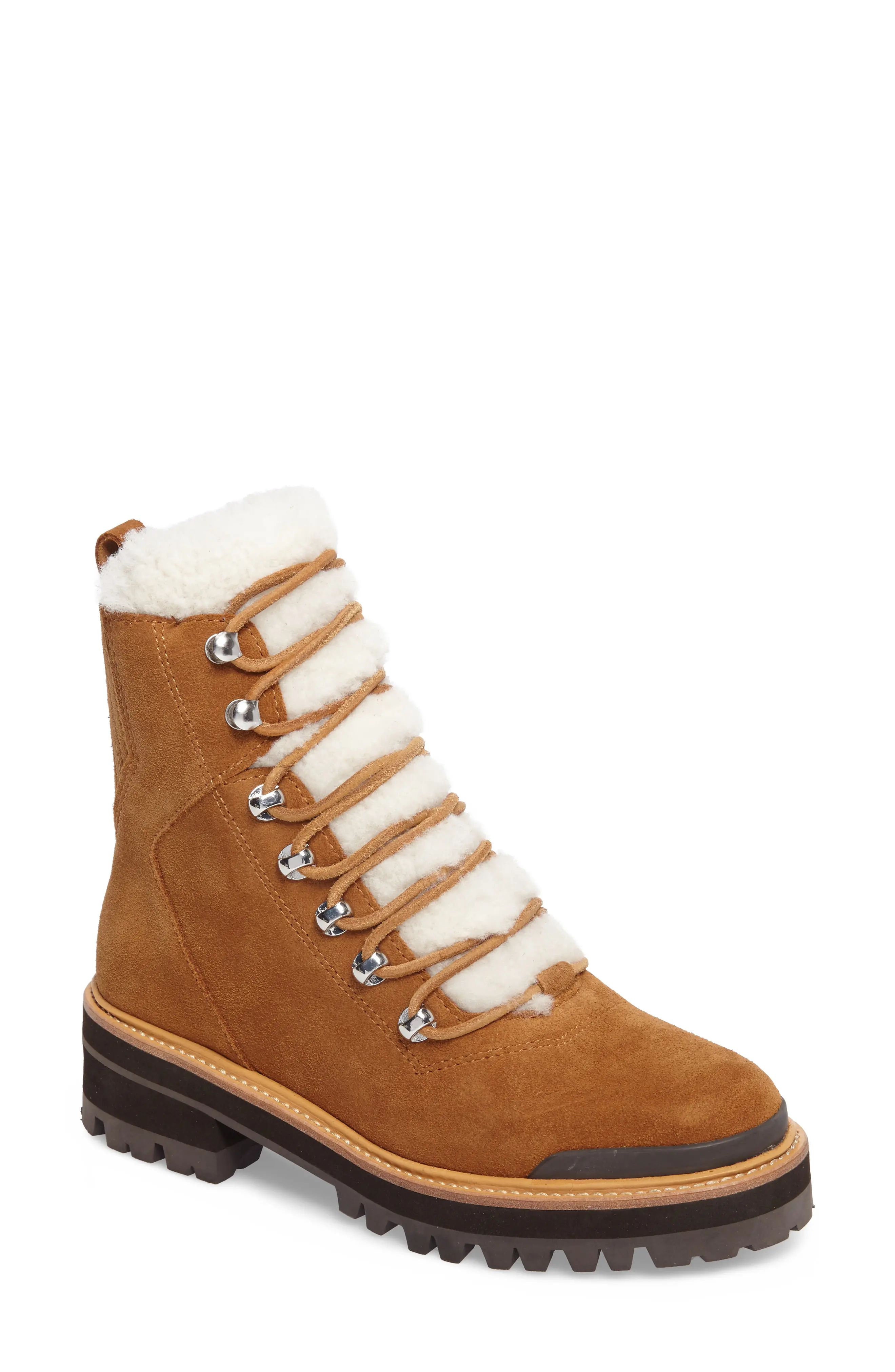 Marc Fisher LTD Izzie Genuine Shearling Lace-Up Boot in Cognac Suede at Nordstrom, Size 7 | Nordstrom