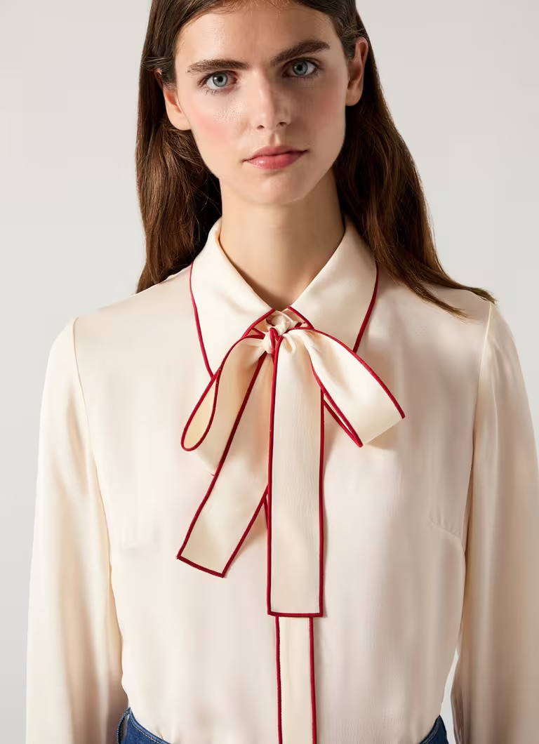 Elisa Cream & Ivory Viscose Crepe Blouse With Satin Stitch Edge | L.K. Bennett (UK)