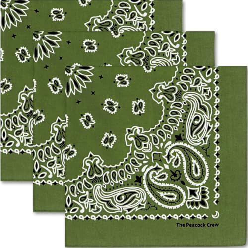 The Peacock Crew 3 Pack Camo Green Paisley Oversized Bandanas (27x27 Inch) - Large Cotton Handkerchiefs for Men & Women - Tactical Olive Head Wrap Set | Amazon (US)