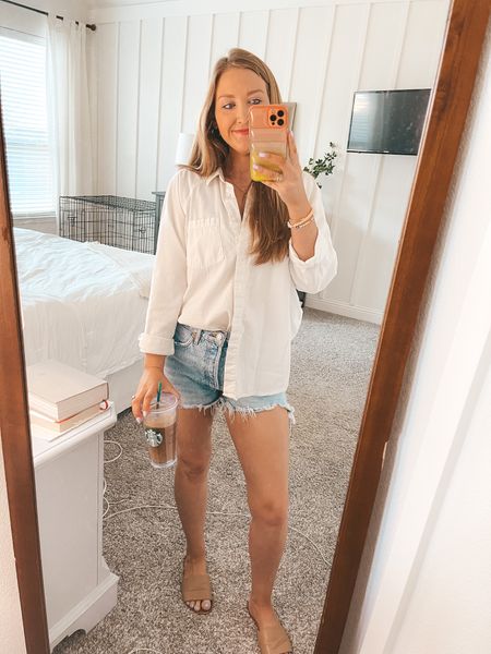 Casual summer fall transition outfit, jean shorts for moms, white button down shirt, coffee run outfit  


#LTKworkwear #LTKunder50 #LTKstyletip