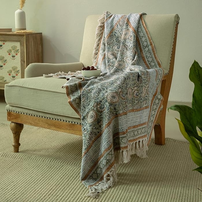 100% Pure Cotton Handblock Printed Throw Blanket, Soft 50" x 60" Fringed Floral Print Throw for C... | Amazon (US)
