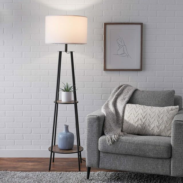 Mainstays Etagere 62" Matte Black Mid-Century Style Floor Lamp, with 2 Wood Shelves | Walmart (US)