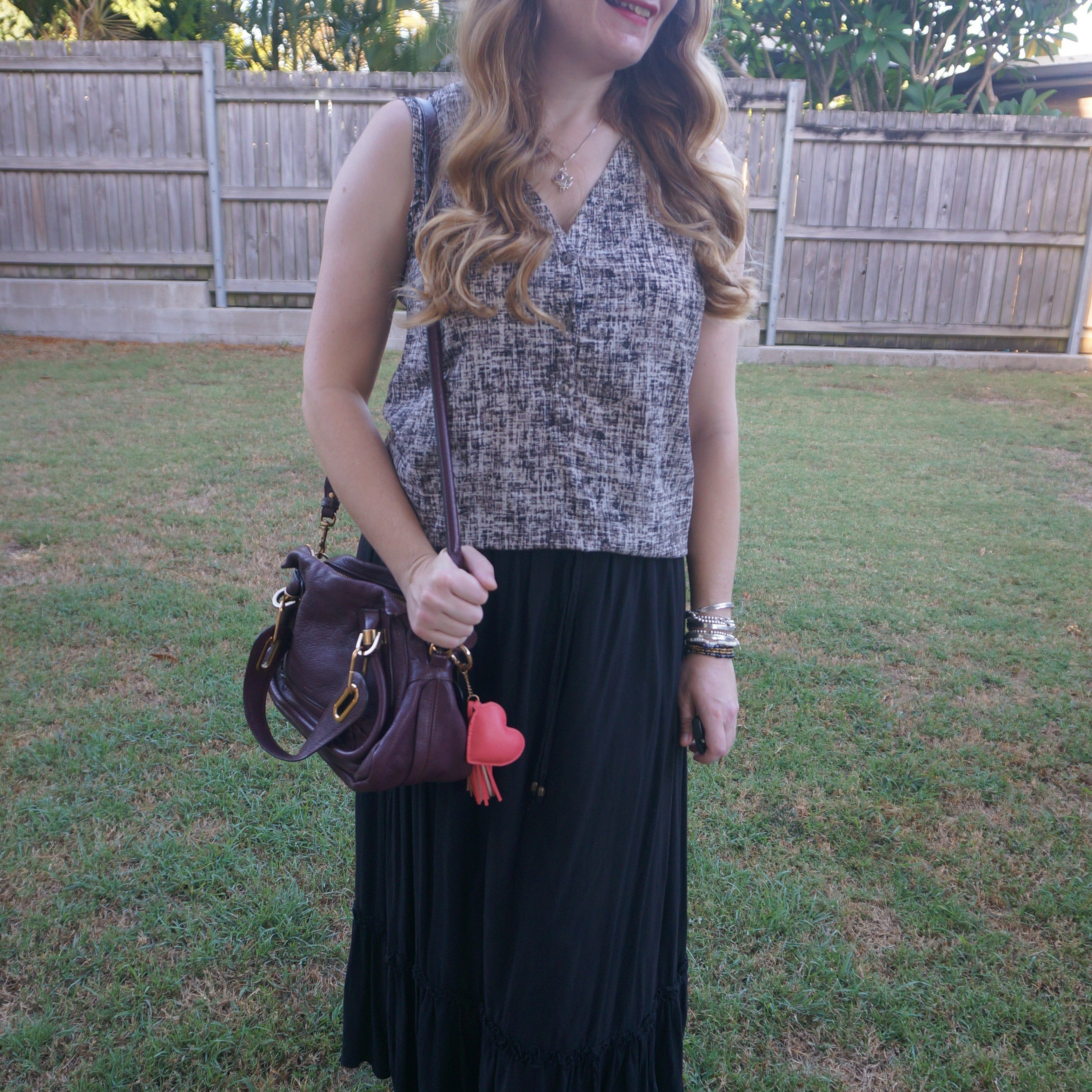 Jeanswest Brown printed tank withblack ruffle hem maxi skirt and wine purple Chloe Paraty bag 💜

#LTKbag #LTKsummer #LTKaustralia