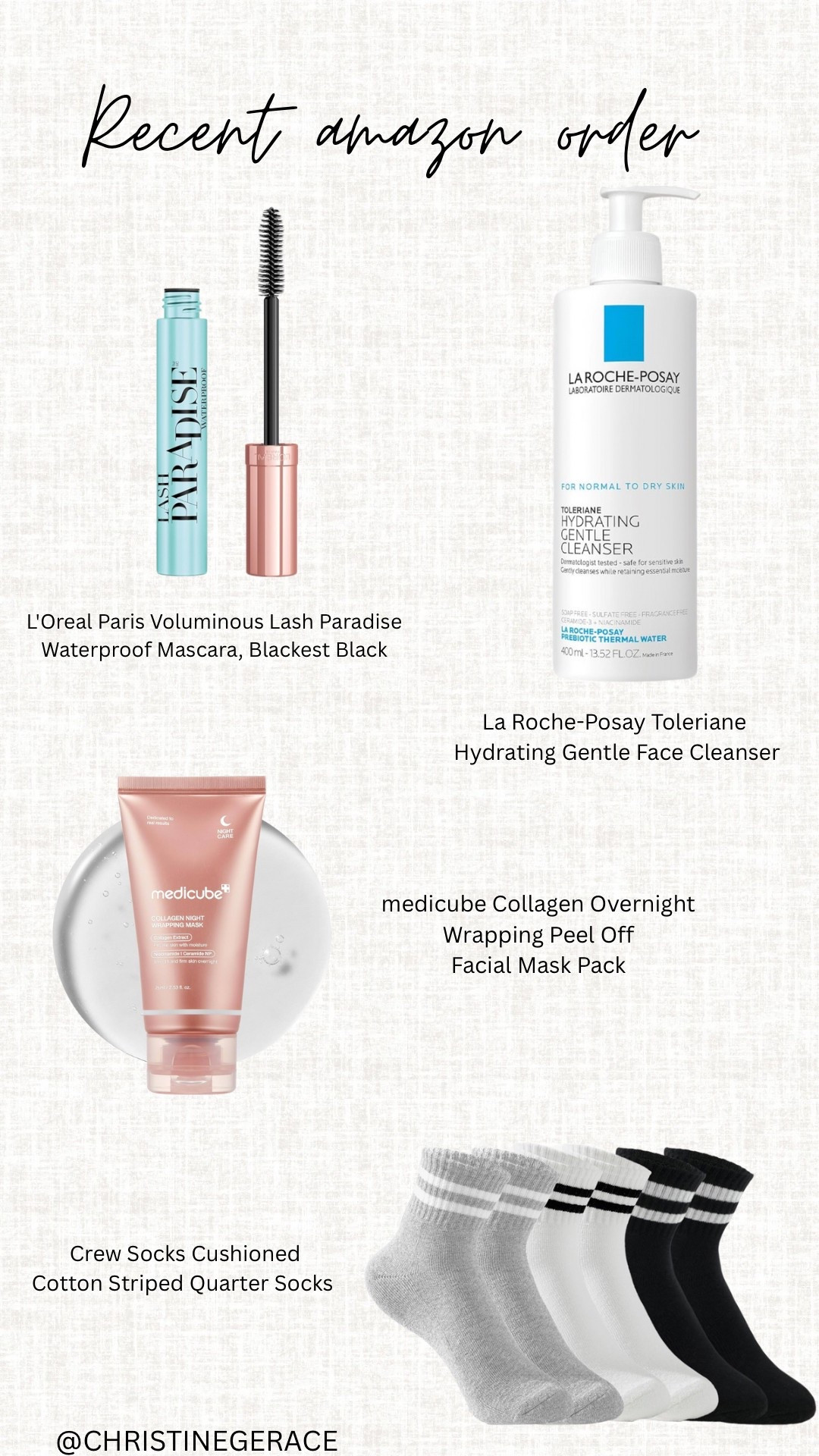 Recent Amazon order !!

Loreal Waterproof mascara, la roche hydrating cleanser, medicine overnight face mask, crew socks 

#LTKFindsUnder50 #LTKFindsUnder100 #LTKStyleTip