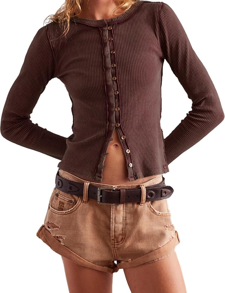 Womens Slim Fitted Cropped Cardigan Cardigan Long Sleeve Y2K Ribbed Button Down Shirts | Amazon (US)