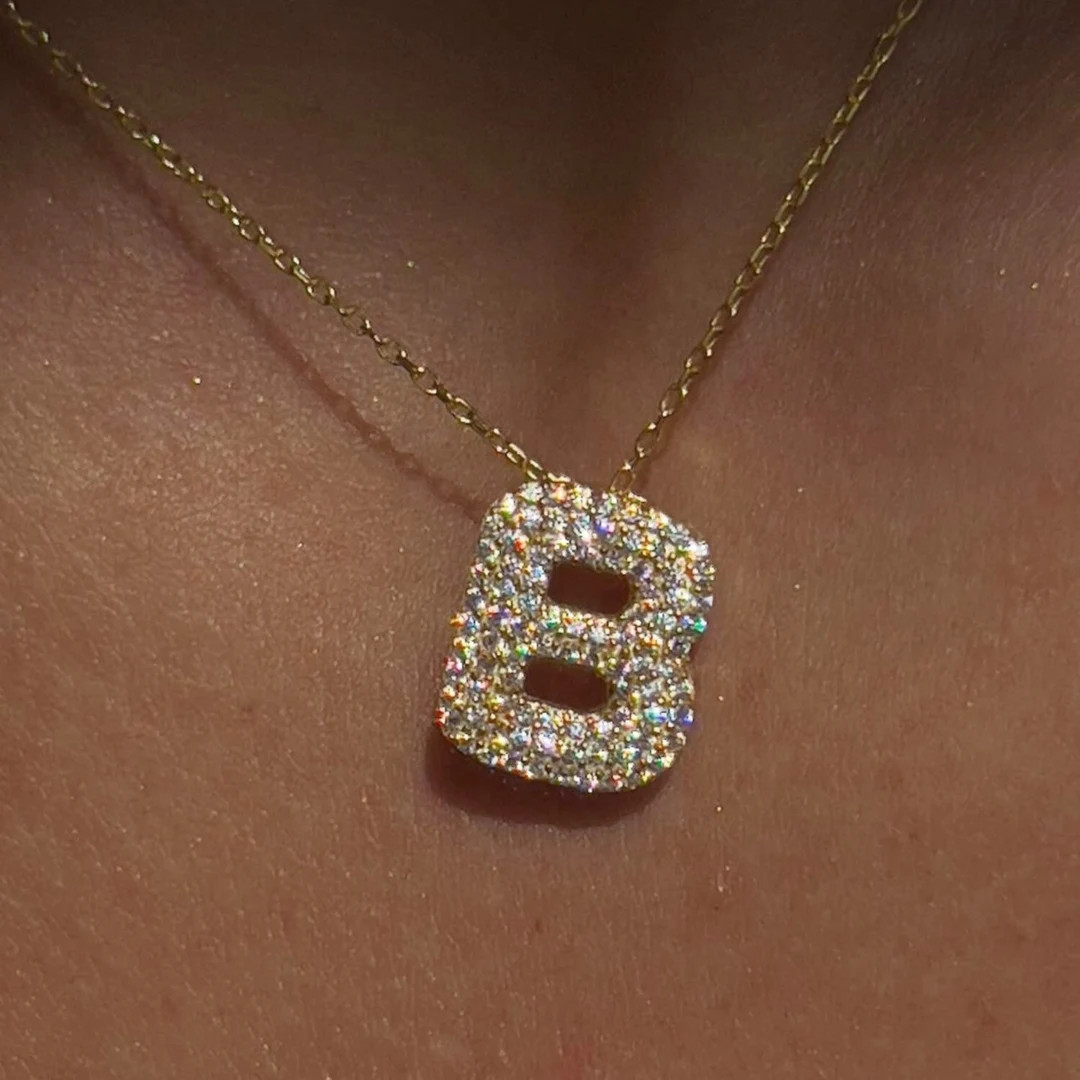 Pave Bubble Diamond Initial Necklace Bubble Letter Necklace - Etsy | Etsy (US)