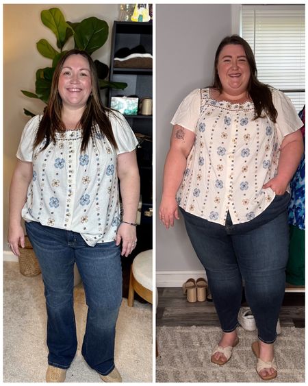 1 look on 2 plus size bodies! Jess is wearing a pair of Torrid denim in a size 16 Extra Short and she LOVES them. The top is a size 1 and fits great as well! Caroline is wearing a pair of Torrid jeggings in a size 30 (she sized up but says after some wear these stretched on her, so best to stick to your typical size), the same embroidered button-front blouse as Jess in a size 5 (28), and a pair of wide width sandals all from Torrid! Both of these are great looks to transition from summer to fall - just add on a cardigan or light jacket and switch out the sandals for a pair of sneakers or boots! 

#LTKSeasonal #LTKstyletip #LTKplussize
