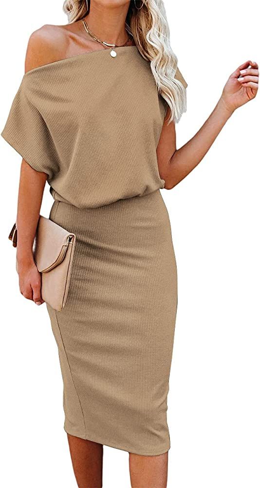 Ezbelle Womens Off The Shoulder Short Sleeve Ribbed Summer Casual Midi Bodycon Dress Brown Medium... | Amazon (US)