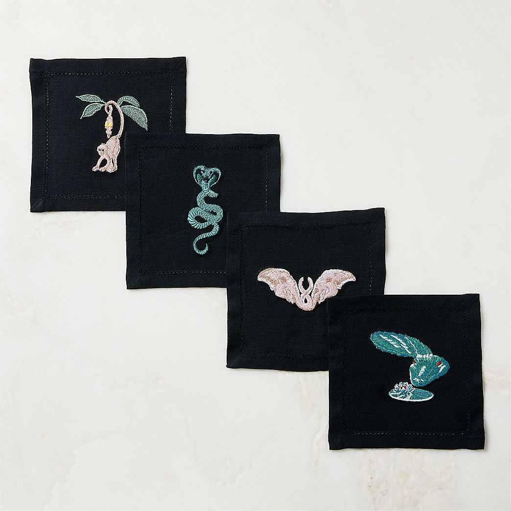 Black Embroidered linen Cocktail Napkins Set of 4 - The White Lotus + Reviews | CB2 | CB2