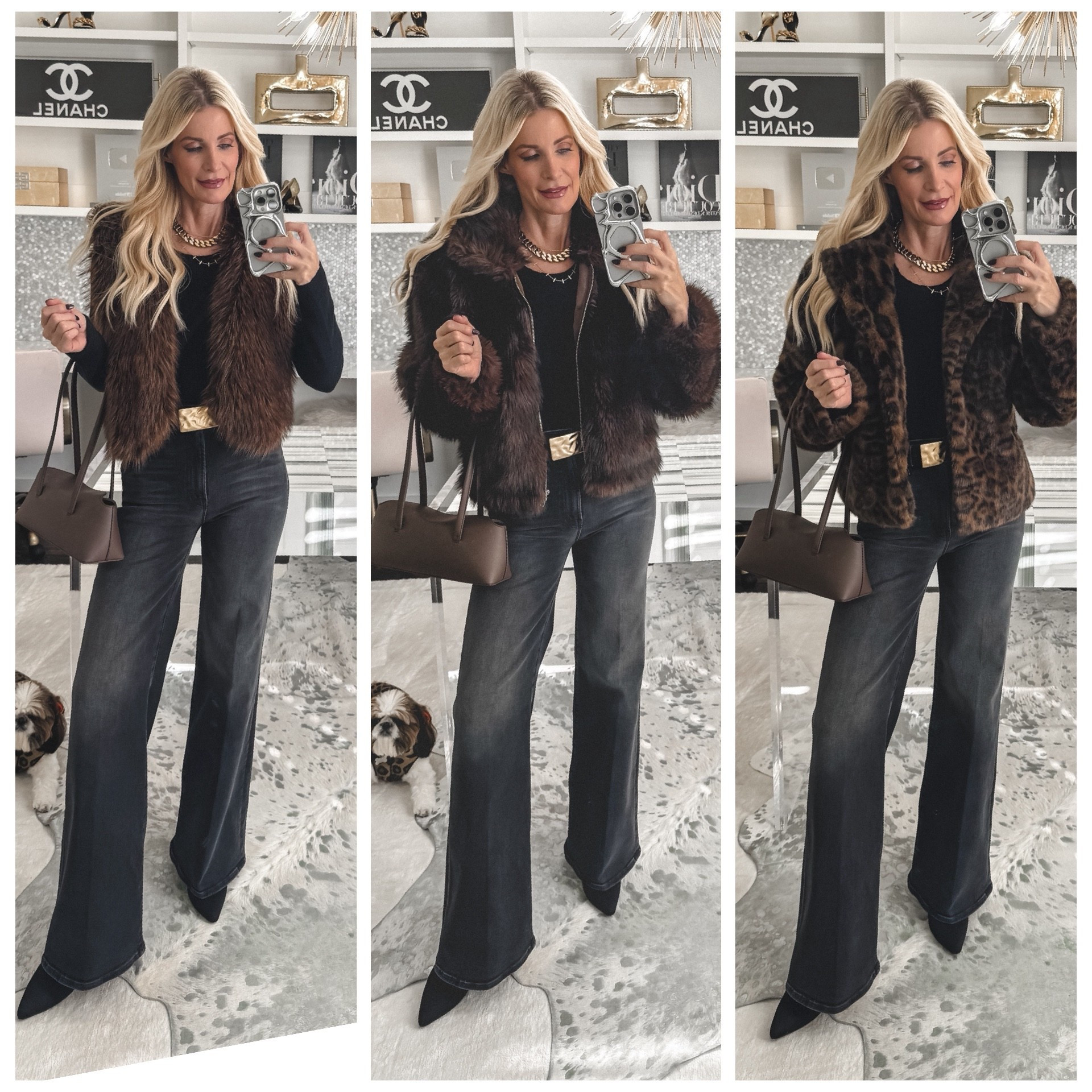 The number one thing you can add to your outfit this winter to instantly elevate it?
👉 A faux fur jacket.

Faux fur is effortlessly glamorous, insanely chic, and keeps you cozy and warm while still looking polished. I styled three different faux furs today, and every single one makes even the simplest outfit feel luxe.

🤎 Look #1: An under-$100 faux fur vest in the most gorgeous camel + black combo. It looks so expensive, but it’s budget-friendly and beyond good.
🤎 Look #2: A chocolate brown faux fur bomber — the easiest throw-on-and-go jacket that instantly makes you look put together.
🤎 Look #3: A leopard faux fur jacket that is unbelievably soft and currently on sale. Fun, bold, and still timeless.

I styled all three with my #1 best-selling Mother jeans — and for good reason. These are that good.
✨ High-waisted
✨ Wide-leg silhouette
✨ Faded black wash
✨ Legs-for-days effect

Everything runs true to size.
I’m wearing an XS in all the jackets and a 24 in the denim.

Which faux fur is your favorite — vest, bomber, or leopard? 🖤👇

#LTKootd #LTKFindsUnder100 #LTKOver40